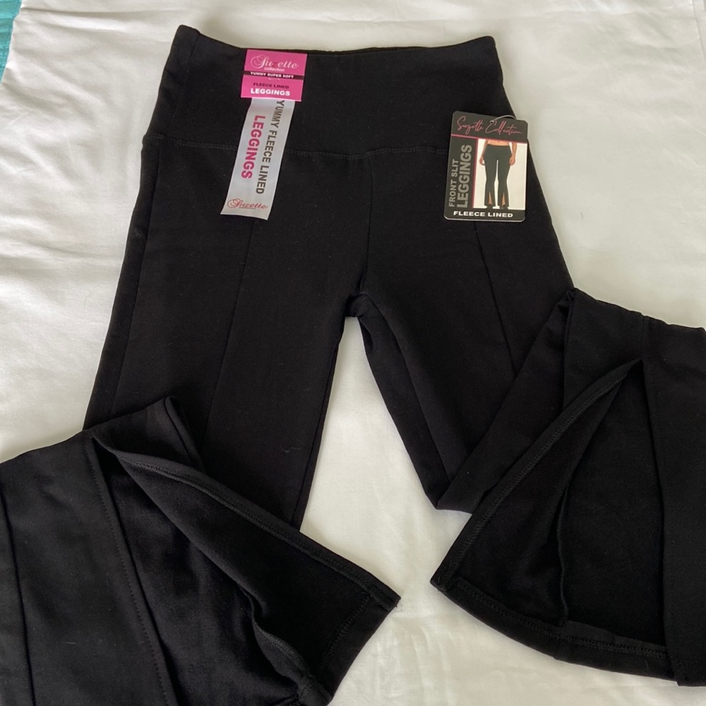 Suzette Collection Fleece lined Leggings with front slit. One Size Black NWT